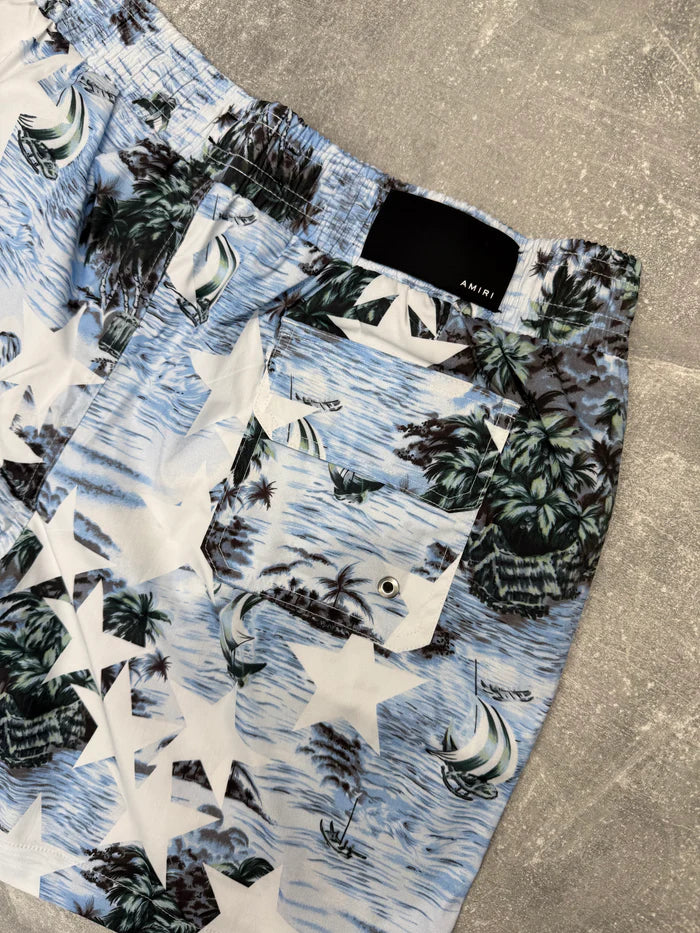 AMIRI TROPICAL STAR SWIM SHORTS BLUE